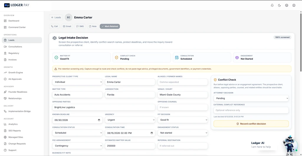 LedgerPay legal intake workspace